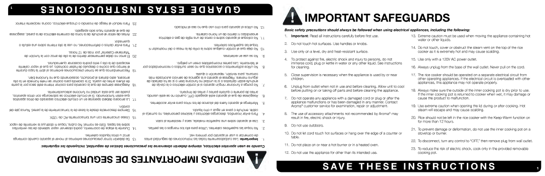 Aroma ARC-614BP instruction manual Important Safeguards, Seguridad DE Importantes Medidas, “Mantener, Cordón, Lea 