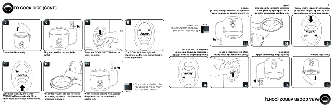 Aroma ARC-614BP instruction manual To Cook Rice, Arroz Cocer Para 