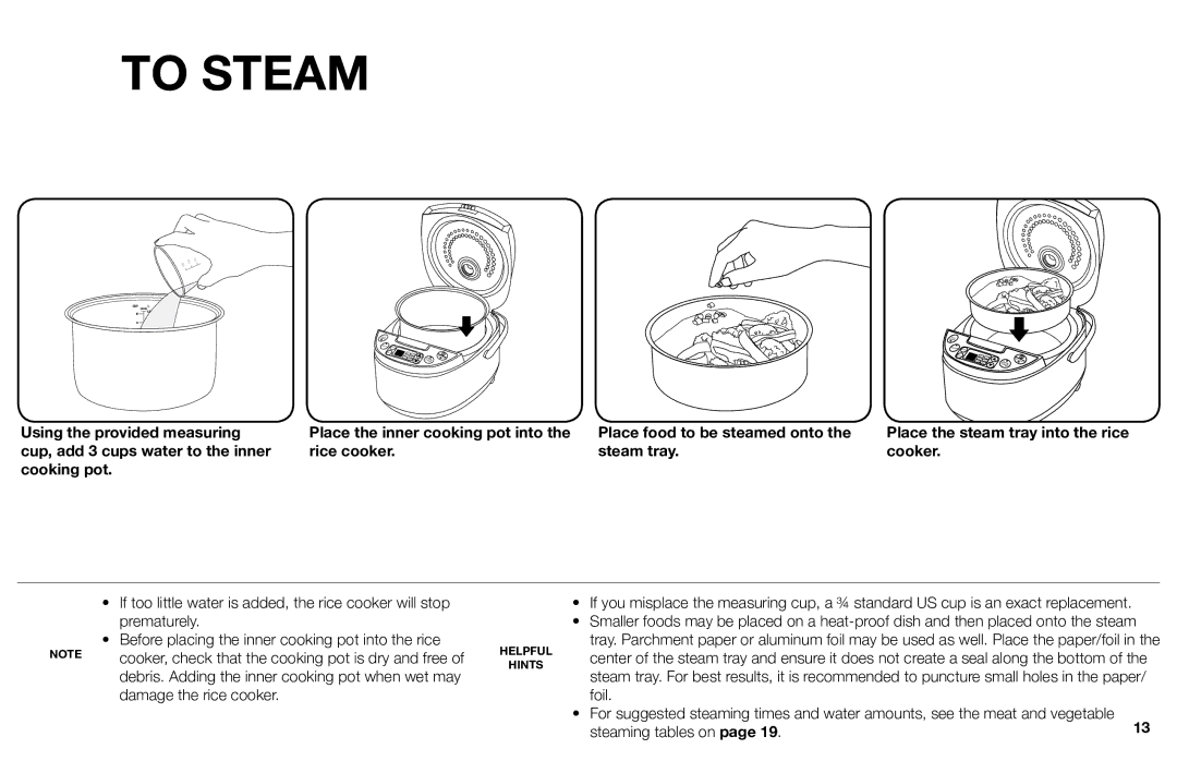 Aroma ARC-616sb instruction manual To Steam, Rice cooker Steam tray Cooker 