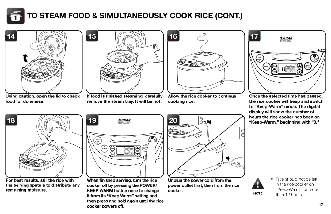 Aroma ARC-616sb instruction manual To Steam Food & Simultaneously Cook Rice 