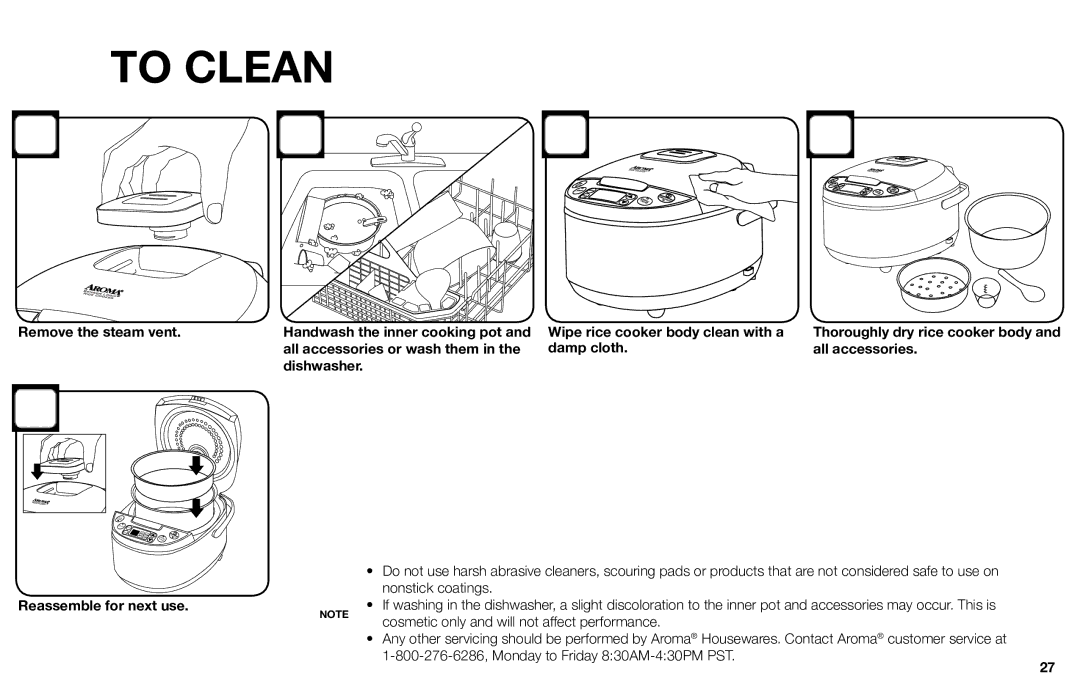 Aroma ARC-616sb To Clean, Remove the steam vent, Wipe rice cooker body clean with a, Reassemble for next use 