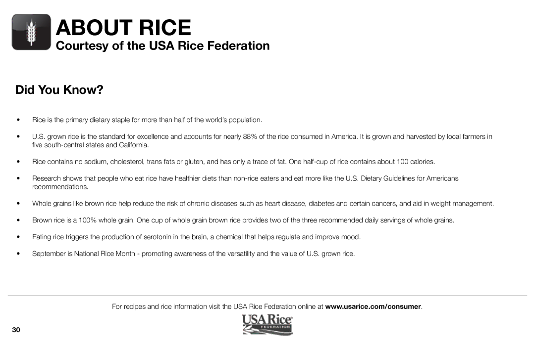 Aroma ARC-616sb instruction manual Courtesy of the USA Rice Federation Did You Know? 