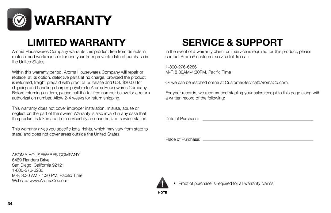 Aroma ARC-616sb instruction manual Limited Warranty 