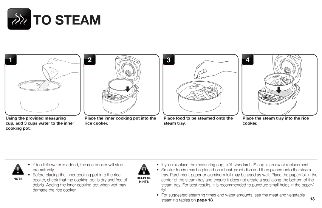 Aroma ARC-620SB manual To Steam, Rice cooker Steam tray Cooker 