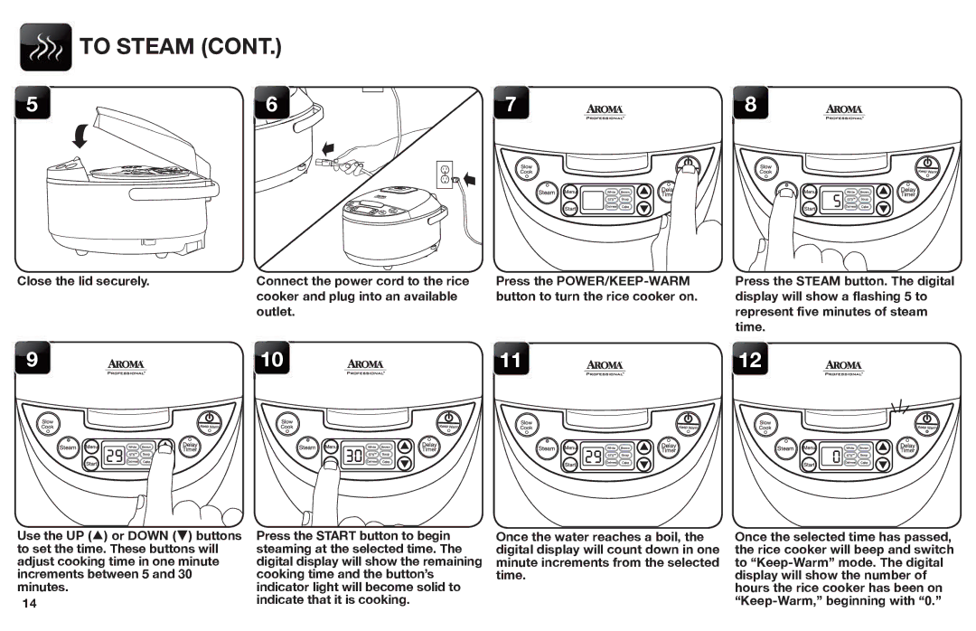 Aroma ARC-620SB manual To Steam, Close the lid securely 