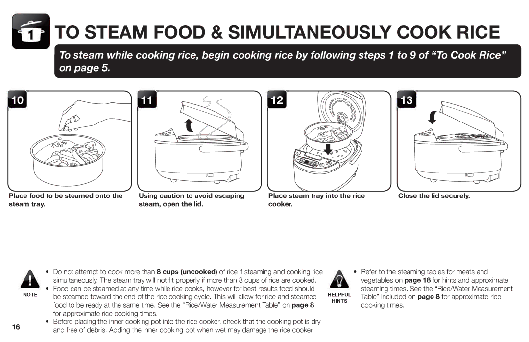 Aroma ARC-620SB manual To Steam Food & Simultaneously Cook Rice, Place steam tray into the rice 