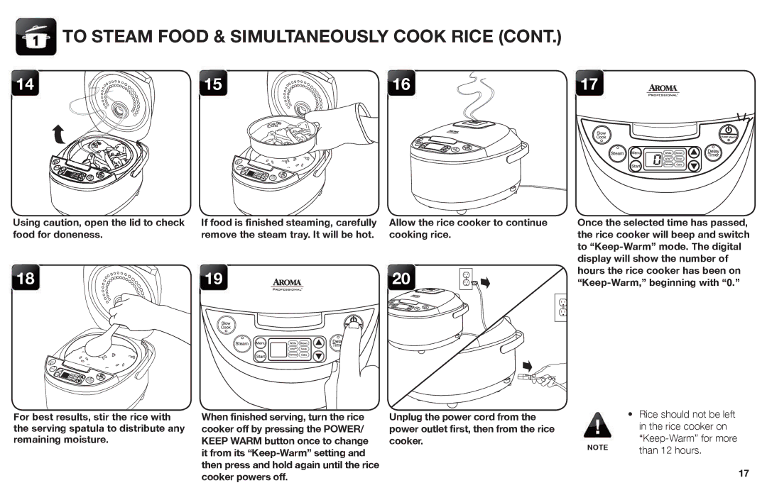 Aroma ARC-620SB manual To Steam Food & Simultaneously Cook Rice 