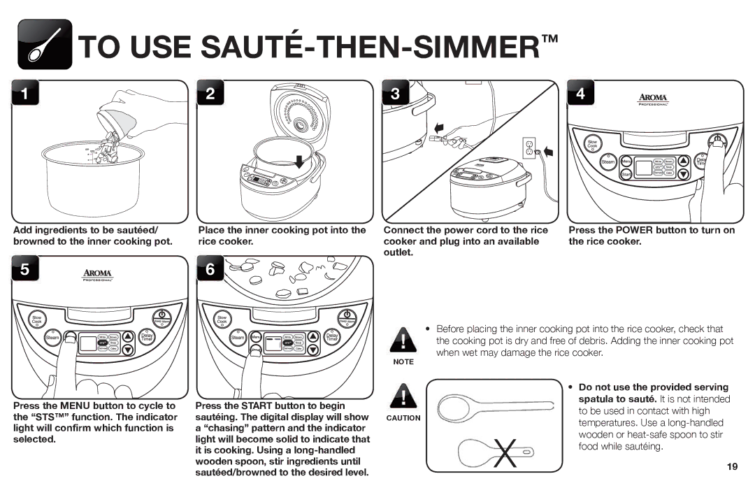 Aroma ARC-620SB manual To USE SAUTÉ-THEN-SIMMER, Browned to the inner cooking pot Rice cooker 