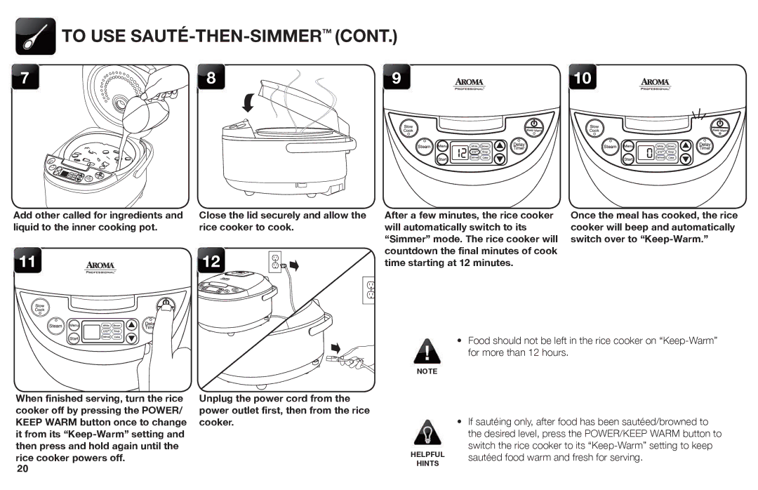 Aroma ARC-620SB manual To USE SAUTÉ-THEN-SIMMERCONT, Add other called for ingredients 