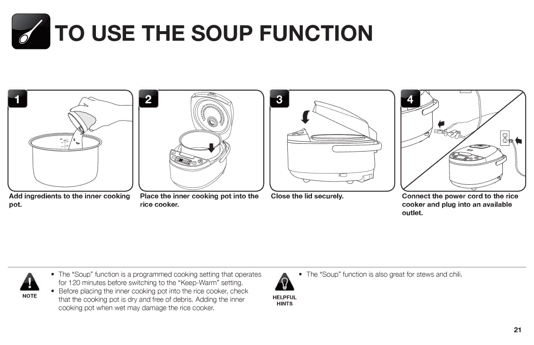 Aroma ARC-620SB manual To USE the Soup Function, Pot Rice cooker 