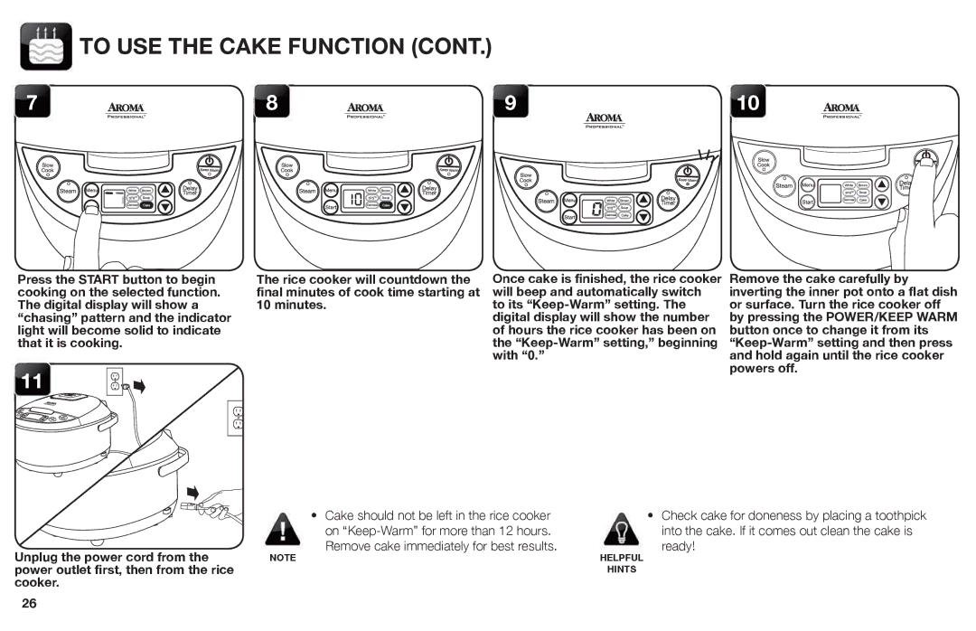 Aroma ARC-620SB manual To USE the Cake Function 