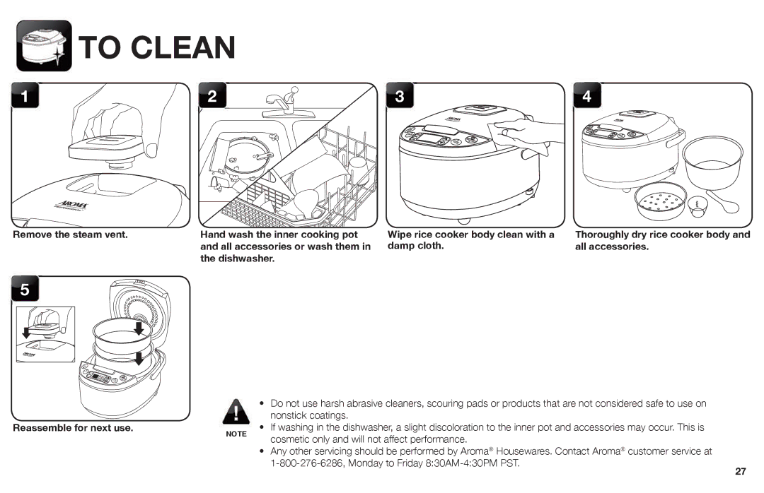 Aroma ARC-620SB manual To Clean, All accessories or wash them Damp cloth Dishwasher, Reassemble for next use 