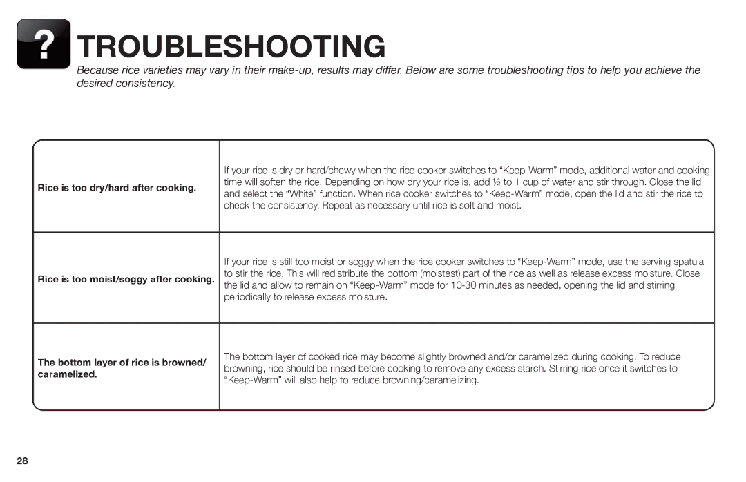 Aroma ARC-620SB manual Troubleshooting, Rice is too dry/hard after cooking, Bottom layer of rice is browned/ caramelized 