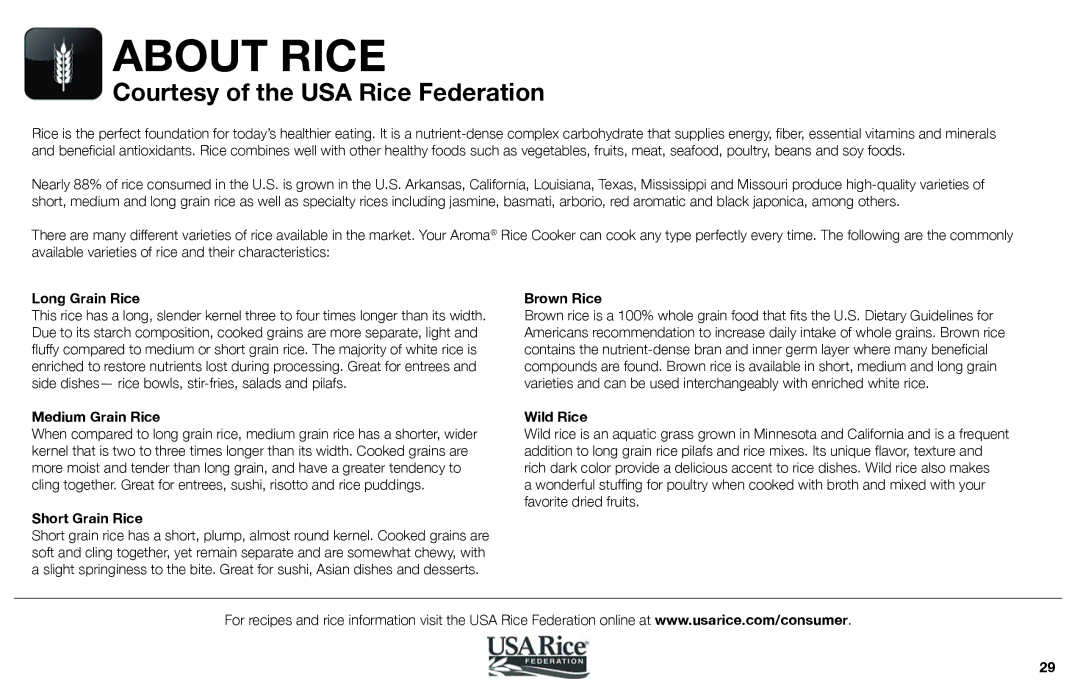 Aroma ARC-620SB manual About Rice 