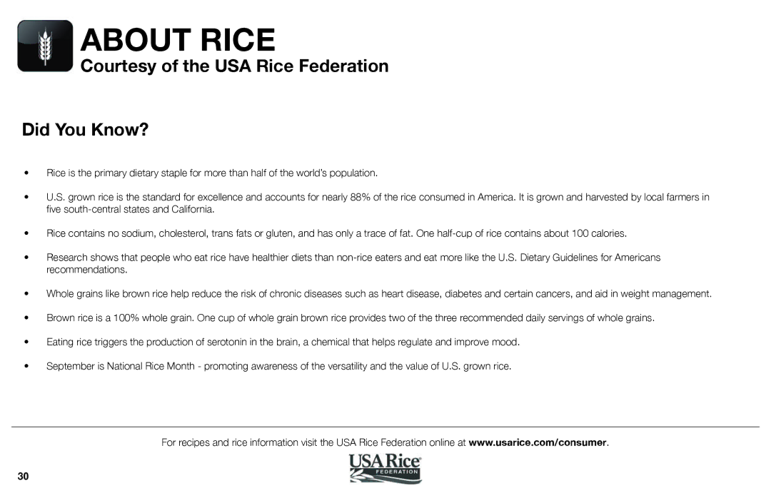 Aroma ARC-620SB manual Courtesy of the USA Rice Federation Did You Know? 