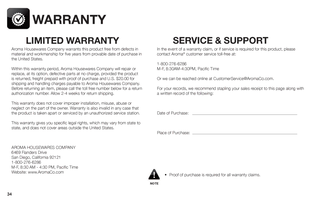 Aroma ARC-620SB manual Limited Warranty 