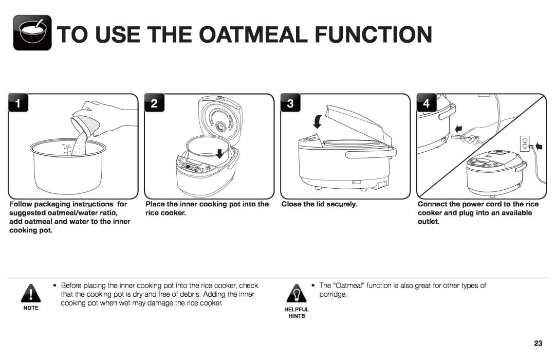 Aroma ARC-620SB manual To Use The Oatmeal Function, Place the inner cooking pot into the, rice cooker 
