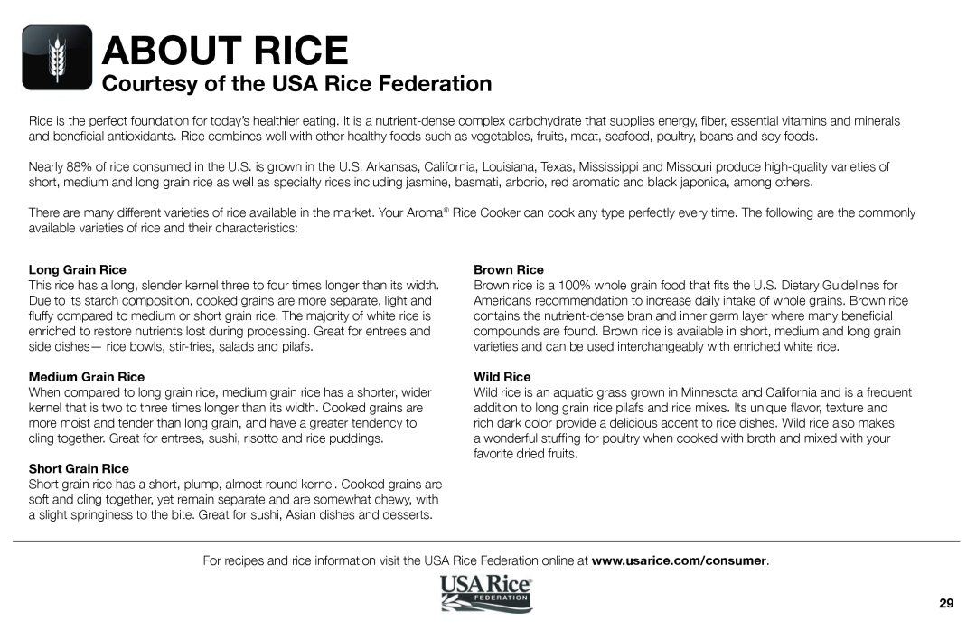 Aroma ARC-620SB About Rice, Courtesy of the USA Rice Federation, Long Grain Rice, Medium Grain Rice, Short Grain Rice 