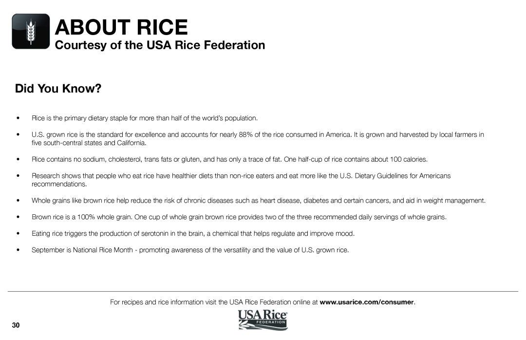 Aroma ARC-620SB manual Courtesy of the USA Rice Federation Did You Know?, About Rice 