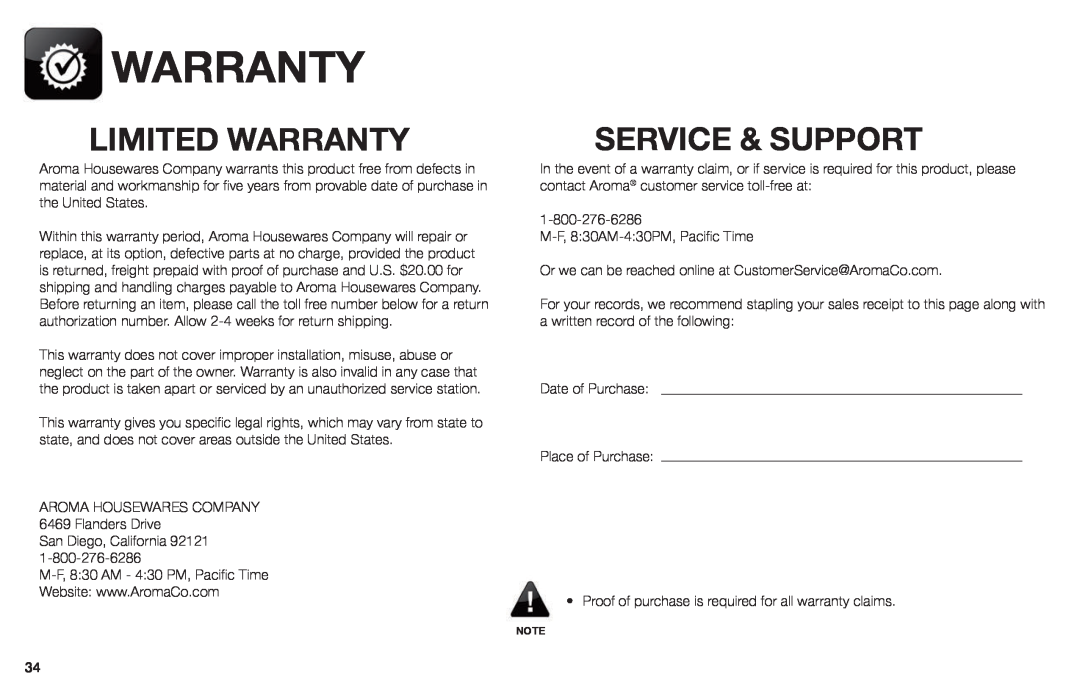 Aroma ARC-620SB manual Limited Warranty, Service & Support 