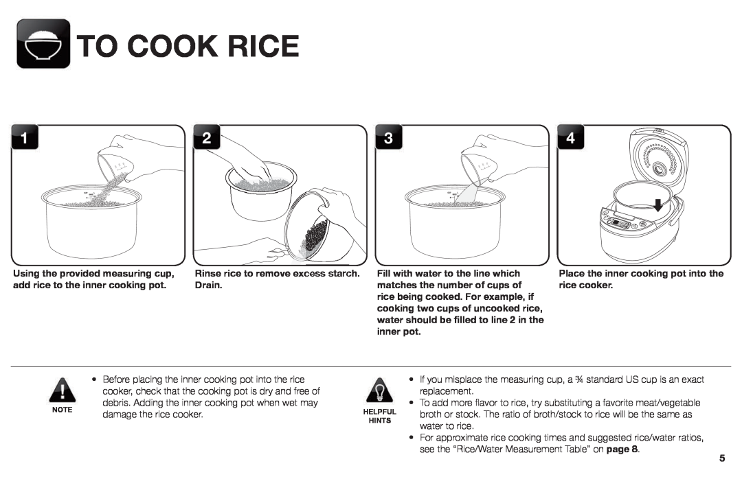 Aroma ARC-620SB To Cook Rice, Rinse rice to remove excess starch. Drain, Place the inner cooking pot into the rice cooker 