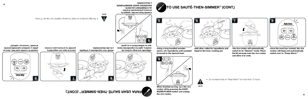 Aroma ARC-687D-1NG manual To USE SAUTÉ-THEN-SIMMER™CONT, ™SIMMER-THEN-SAUTÉ Usar Para, “conservar modo el en comida deje No 