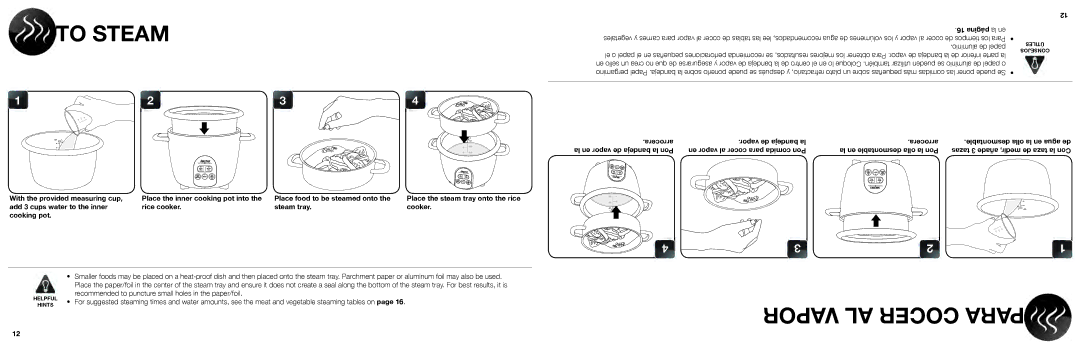 Aroma ARC-687D-1NG manual To Steam, Vapor AL Cocer Para, La en16 página, Aluminio de papel, Arrocera Vapor de bandeja la 