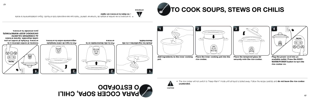 Aroma ARC-687D-1NG manual Estofado O Chili SOPA, Cocer Para, Vigilar sin arrocera la dejes yno, Pot Rice cooker 