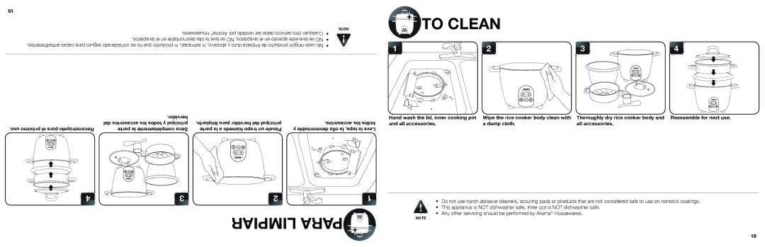 Aroma ARC-687D-1NG manual To Clean, Hand wash the lid, inner cooking pot and all accessories, Damp cloth All accessories 