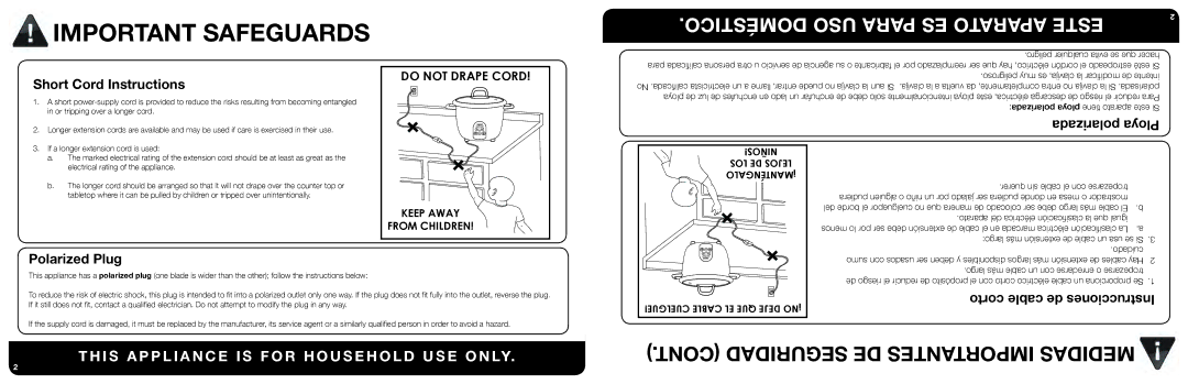 Aroma ARC-687D-1NG manual Short Cord Instructions, Largo más extensión de cable un usa se Si 