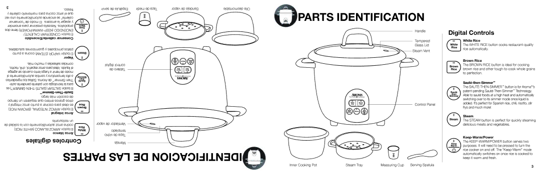 Aroma ARC-687D-1NG Parts Identification, Partes LAS DE Identificacion, Servir de Espátula Medir de Taza Vapor de Bandeja 