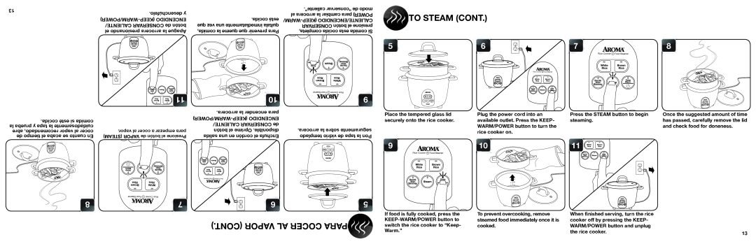 Aroma ARC-687D-1NG manual Cont Vapor Al Cocer Para, To Steam Cont 