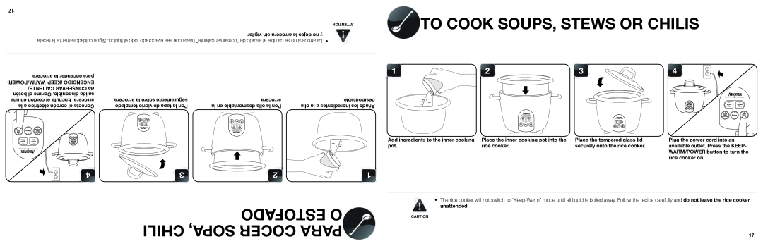 Aroma ARC-687D-1NG manual Estofado O Chili Sopa, Cocer Para, ““conservar de estado al cambie se no arrocera La • 