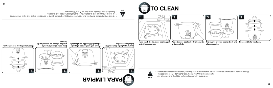 Aroma ARC-687D-1NG manual To Clean, Limpiar Para, accesorios los todos, y desmontable olla la tapa, la Lava 