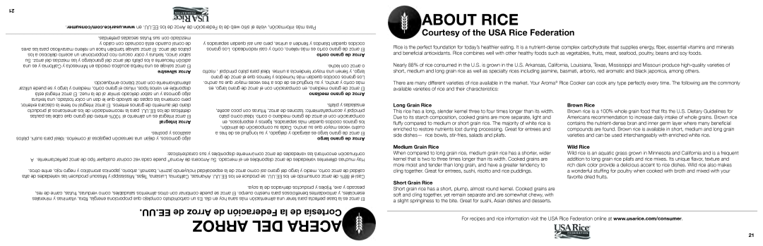 Aroma ARC-687D-1NG manual About Rice, Arroz Del Acera, UU.EE de Arroz de Federación la de Cortesía 