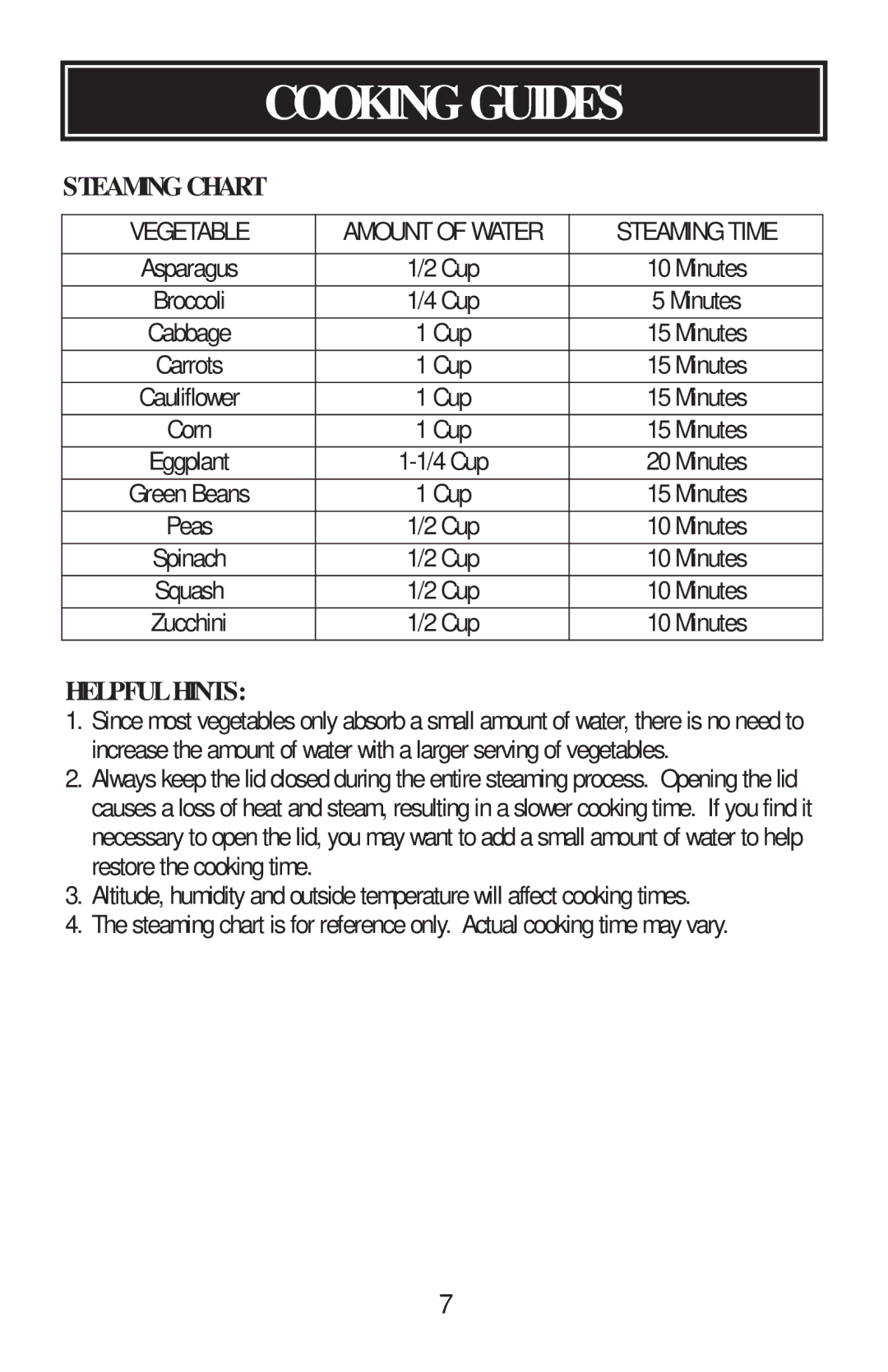 Aroma ARC-700 instruction manual Steaming Chart 