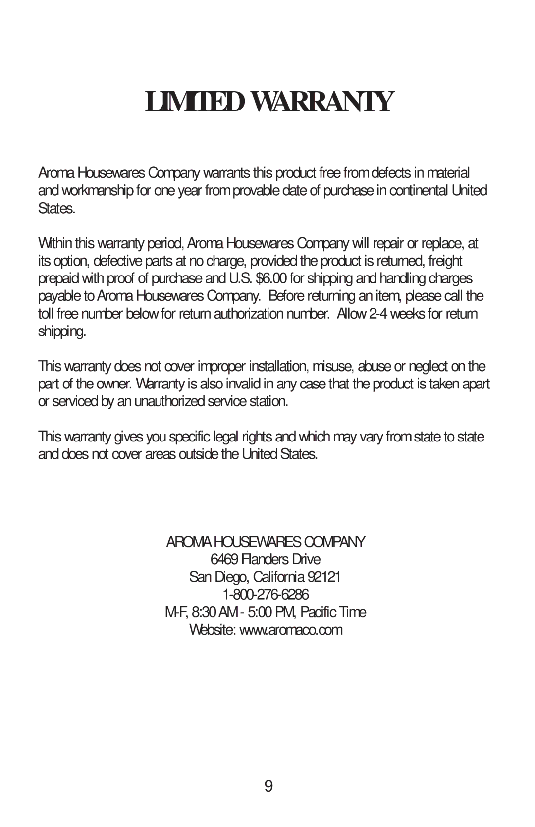 Aroma ARC-700 instruction manual Limited Warranty 