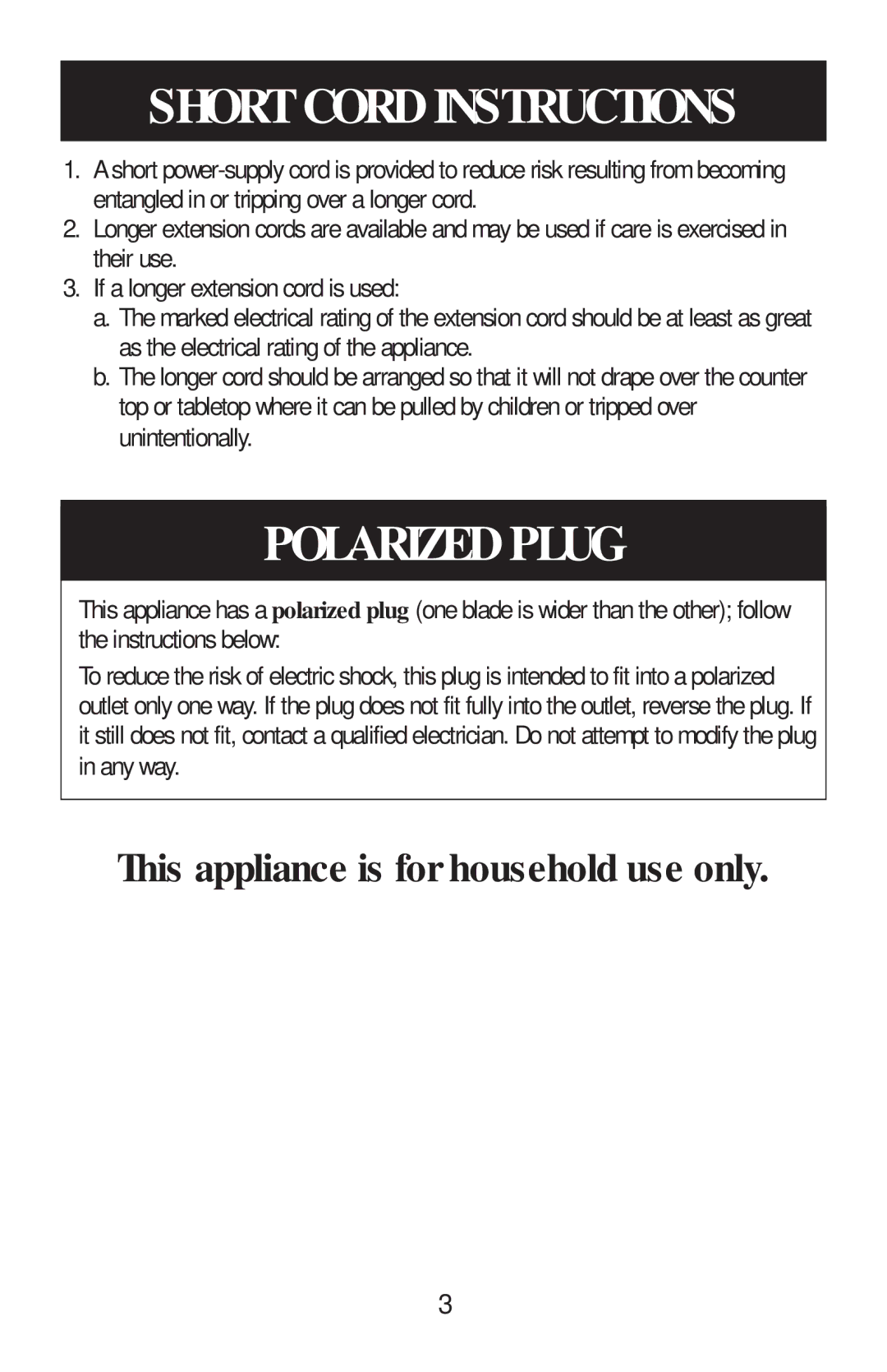 Aroma ARC-700 instruction manual Short Cord Instructions, Polarized Plug 