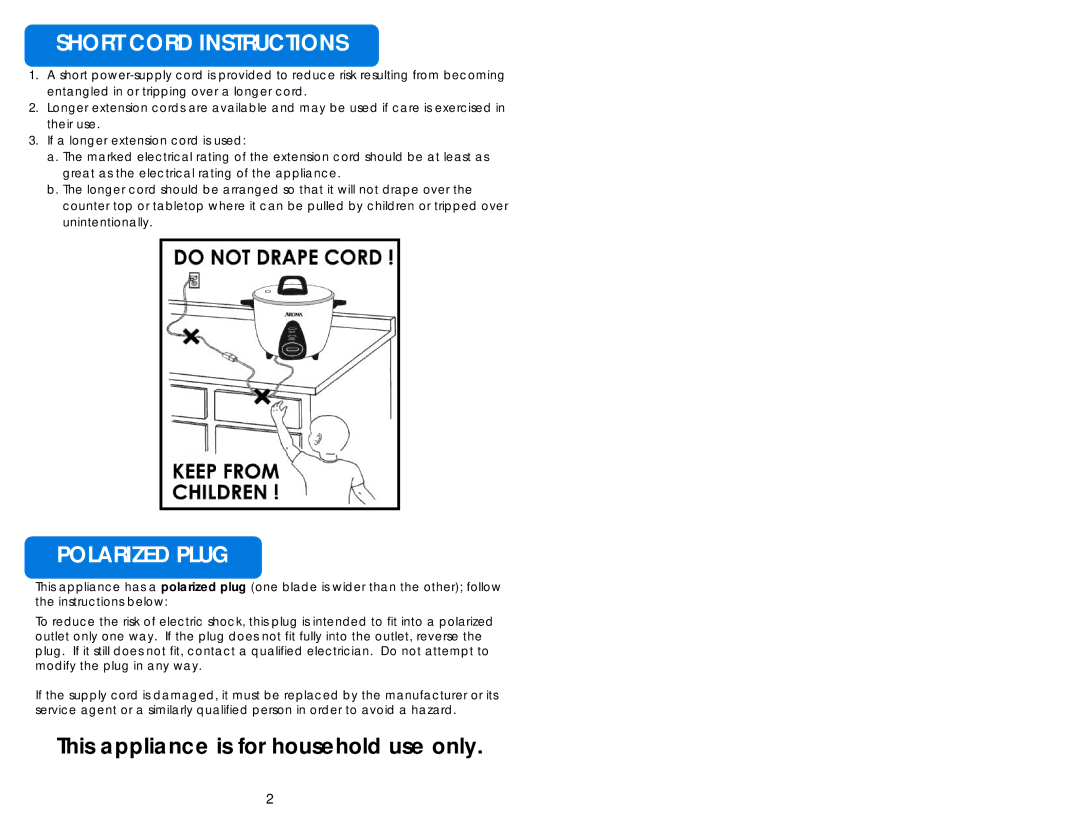 Aroma ARC-703-1G instruction manual Short Cord Instructions, Polarized Plug 