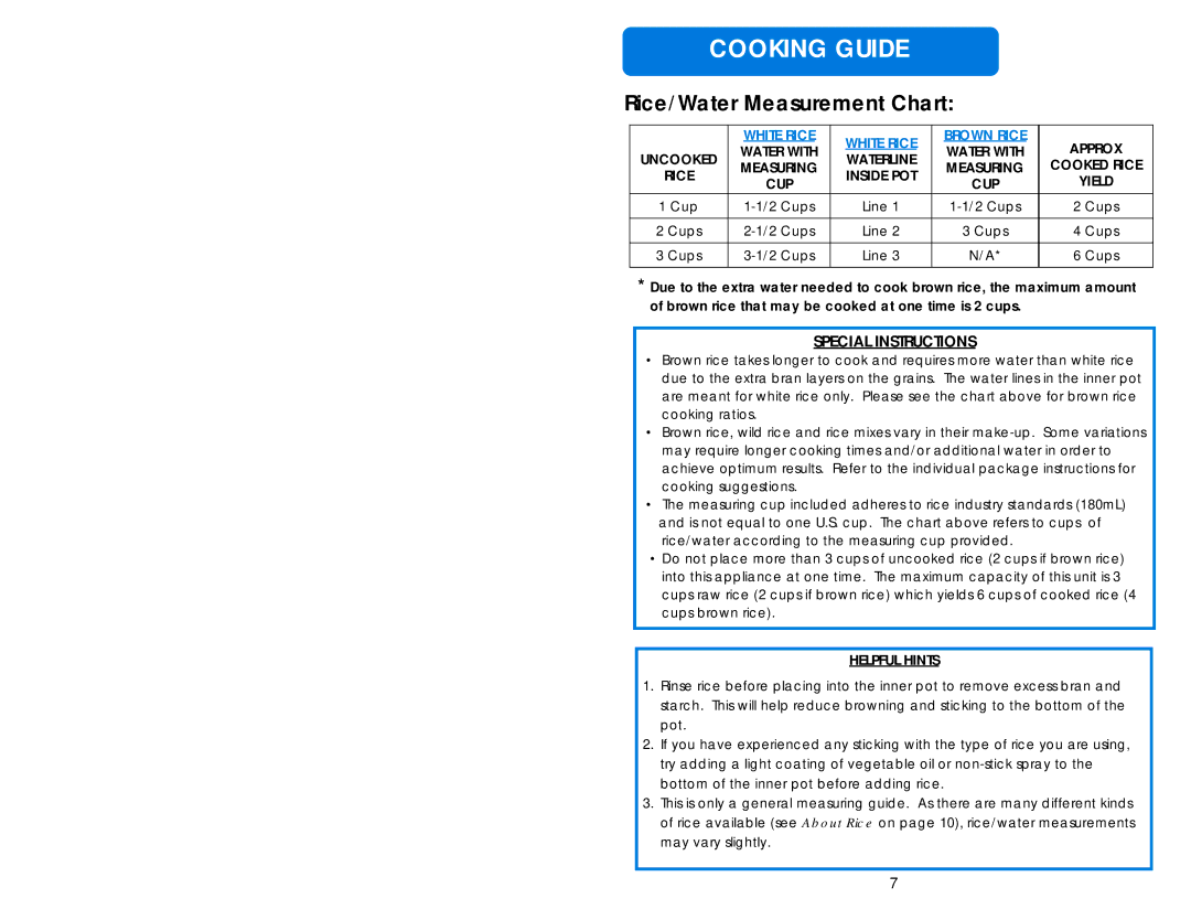 Aroma ARC-703-1G instruction manual Cooking Guide, Rice/Water Measurement Chart 