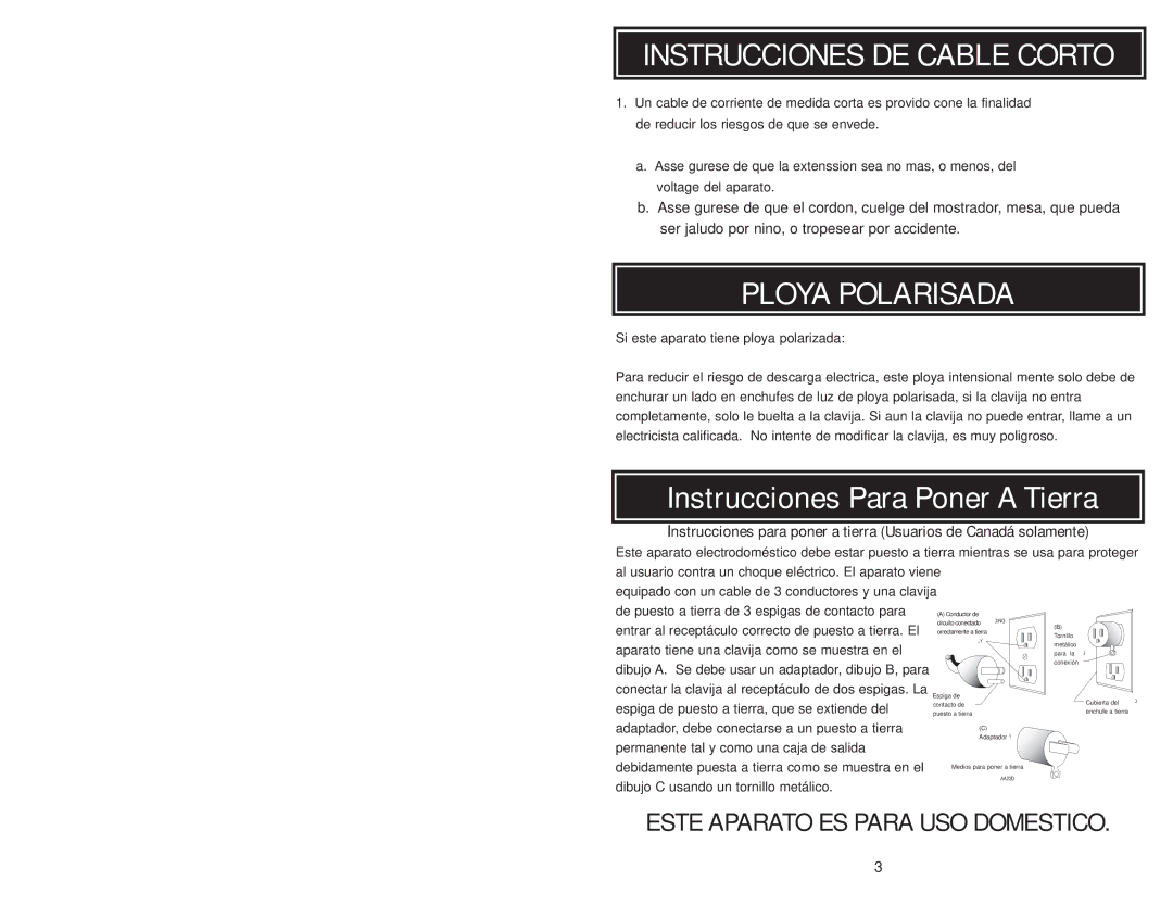 Aroma ARC-717-1NG instruction manual Instrucciones DE Cable Corto, Ploya Polarisada 