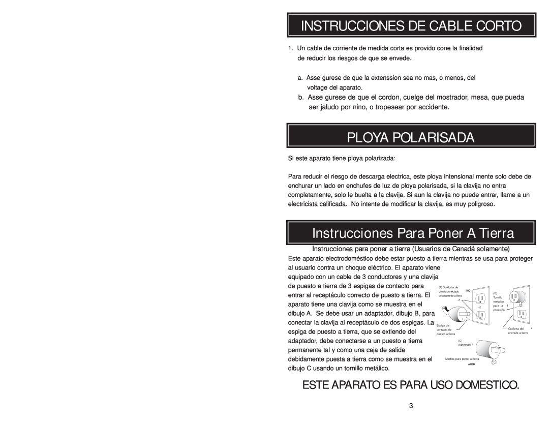 Aroma ARC-717-1NG instruction manual Ploya Polarisada, Instrucciones Para Poner A Tierra, Instrucciones De Cable Corto 