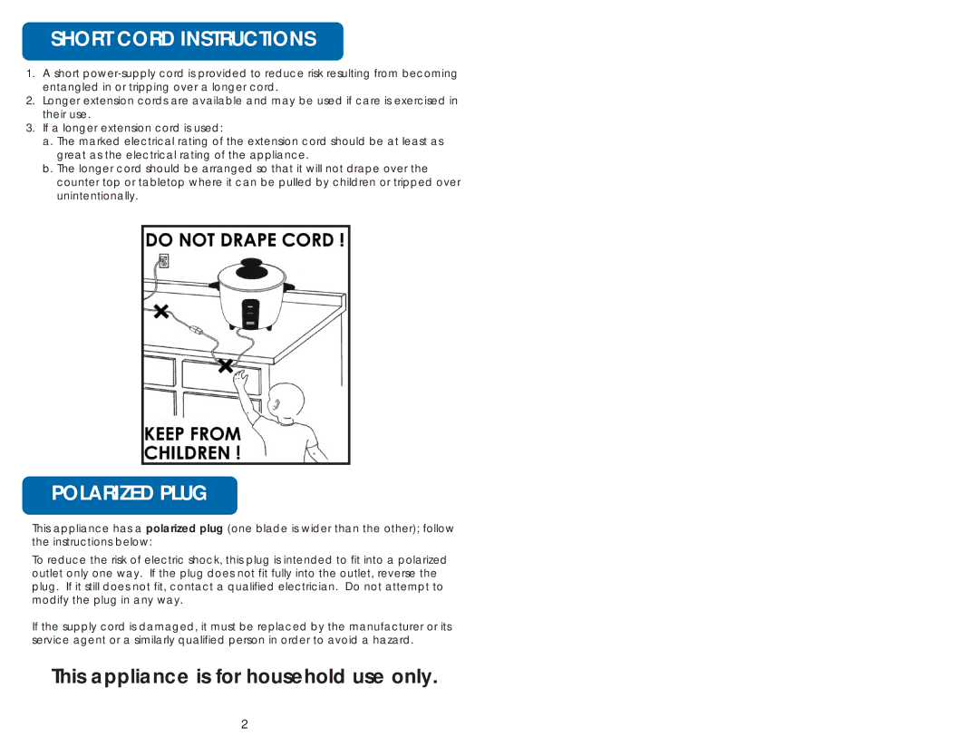 Aroma ARC-717-1NGR instruction manual Short Cord Instructions, Polarized Plug 
