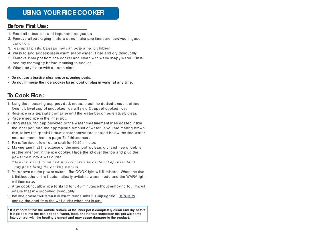 Aroma ARC-717-1NGR instruction manual Using Your Rice Cooker, Before First Use, To Cook Rice 