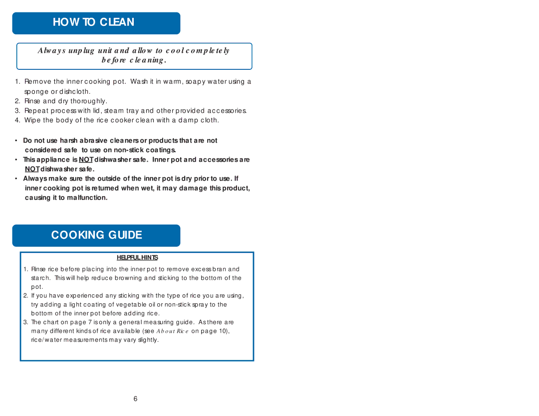Aroma ARC-717-1NGR instruction manual HOW to Clean, Cooking Guide, Helpful Hints 