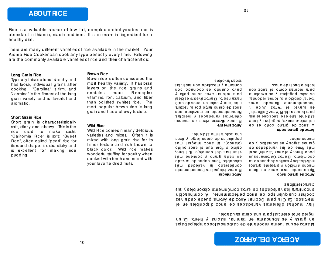 Aroma ARC-717-1NGR instruction manual About Rice, Rrod EZL, Arroz, Eg nir t RoAz r 