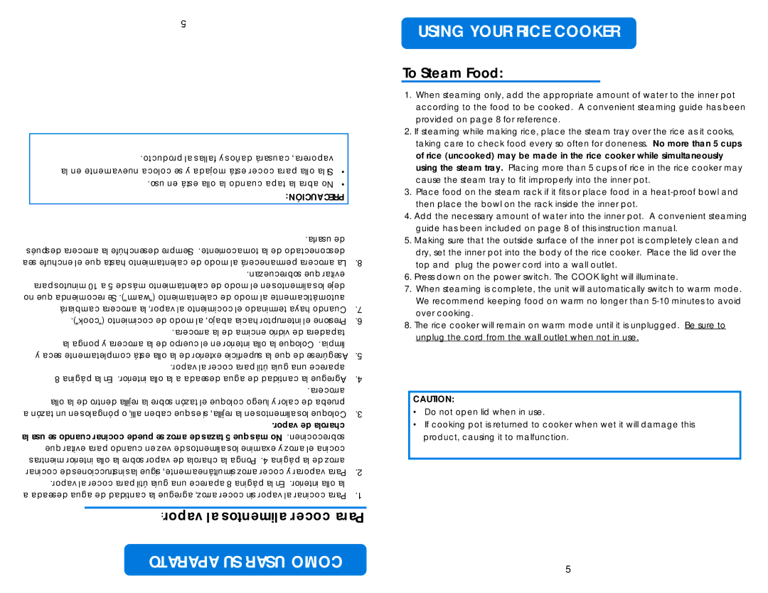 Aroma ARC-717-1NGR instruction manual CocePara, To Steam Food, Óin, Ala u s se Ndocura, Dea Cha ro l 