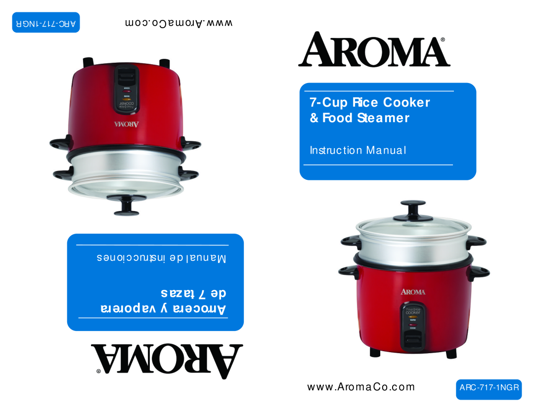 Aroma ARC-717-1NGR instruction manual ni stdurecc oineMsan, CupRice Cooker & Food Steamer, at7za sde, vaypo er arocA rr 