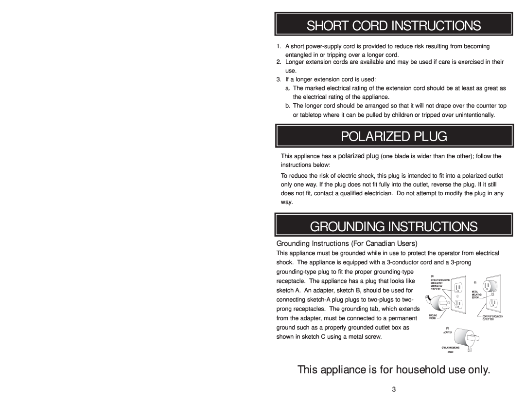 Aroma ARC-717-ING instruction manual Short Cord Instructions 