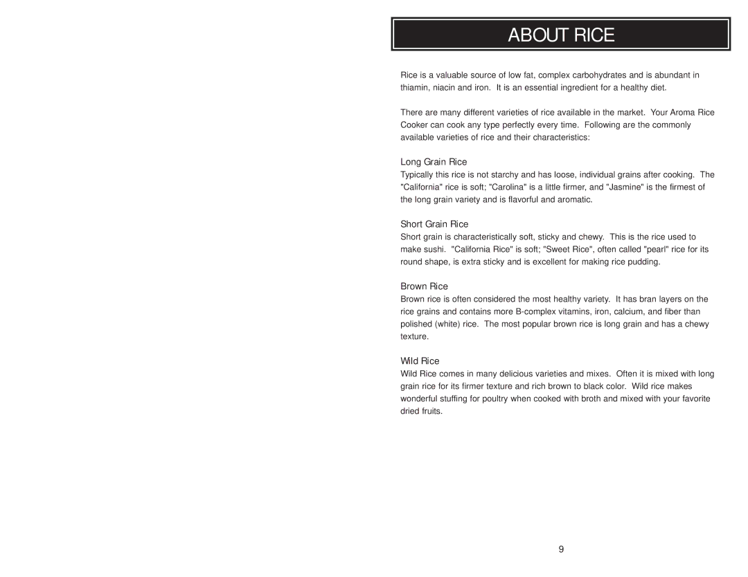 Aroma ARC-720-1G instruction manual About Rice, Long Grain Rice 